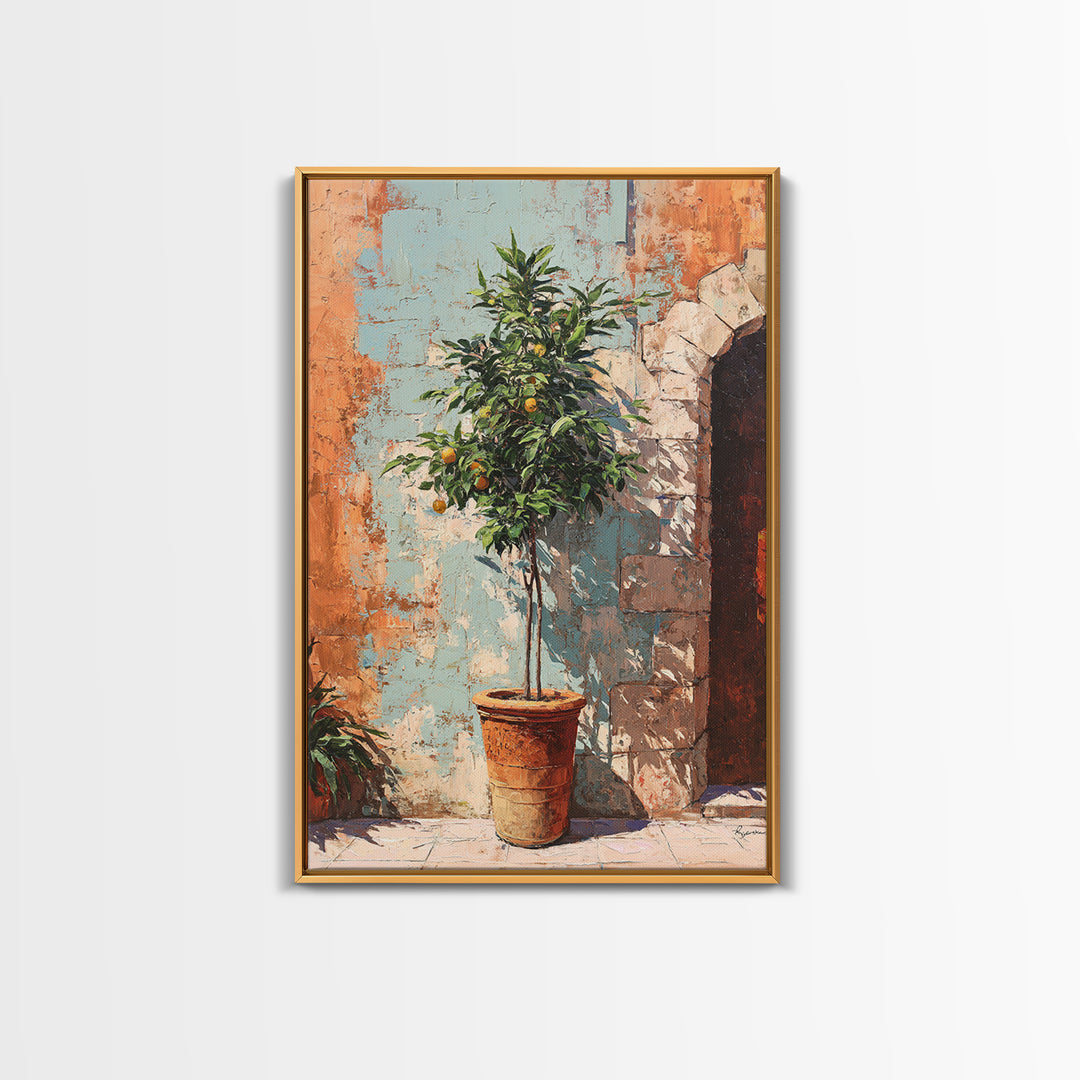 Orange Tree in a Courtyard Planter Framed Canvas Print, Italian Villa Art, Textured Painting, Living Room Decor, Villa, IVA-2x3-94