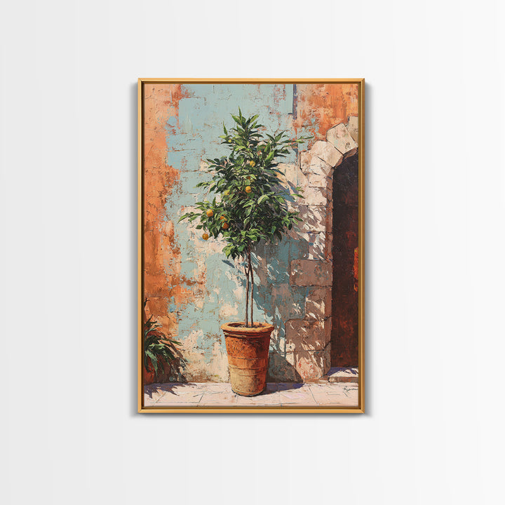 Orange Tree in a Courtyard Planter Framed Canvas Print, Italian Villa Art, Textured Painting, Living Room Decor, Villa, IVA-2x3-94