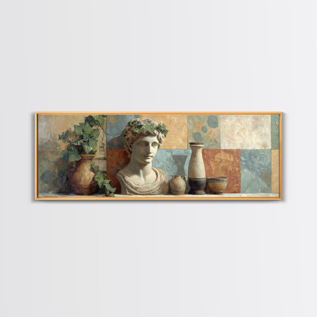 Classic Roman Statue Bust Canvas Print, Italian Villa Art, Landscape Art, Living Room Decor, Abstract Art, Villa, IVA-3x1-100