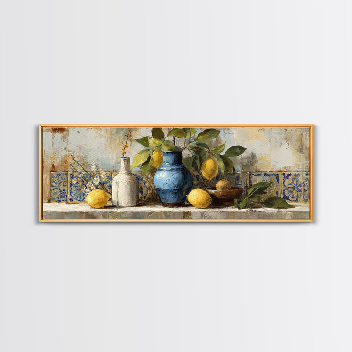 Lemon Branch in Blue Ceramic Vase Framed Canvas Print, Italian Villa Art, Living Room Decor, Watercolor Art, Villa, IVA-3x1-18