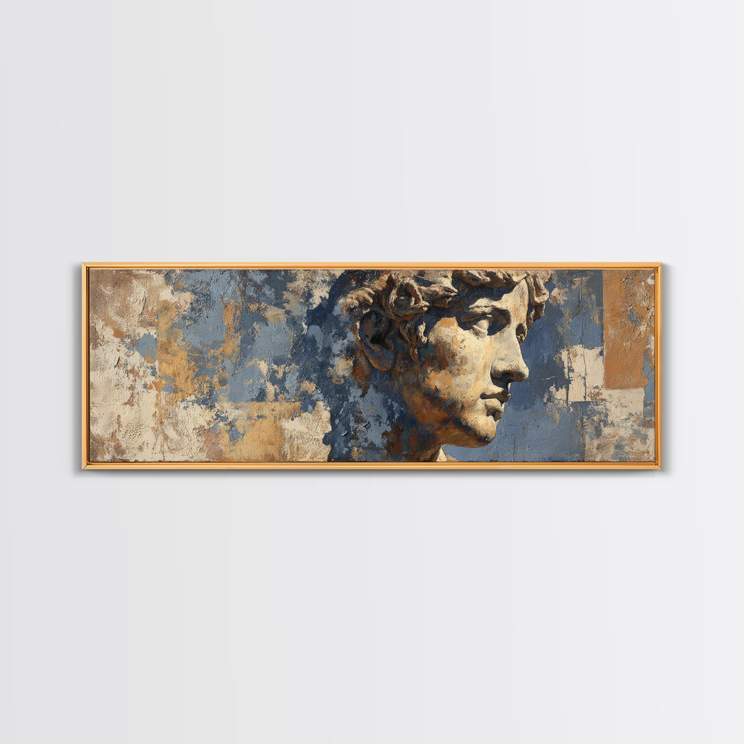 Classic Roman Statue Bust Framed Canvas Print, Italian Villa Art, Landscape Print, Living Room Decor, Oil Painting, Villa, IVA-3x1-28