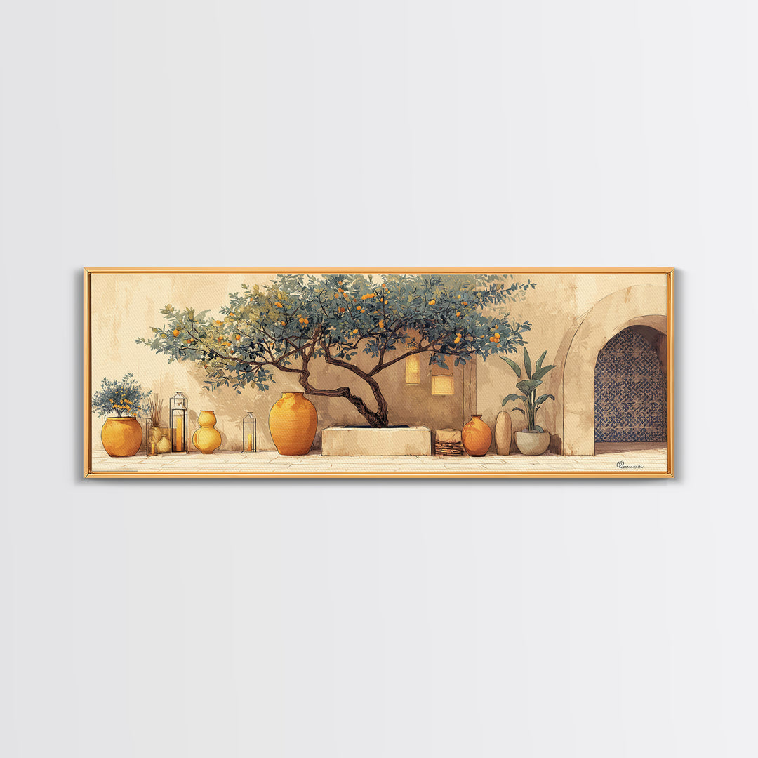 Orange Tree in a Courtyard Planter Canvas Print, Italian Villa Art, Statement Artwork, Living Room Decor, Fine Art, Villa, IVA-3x1-30