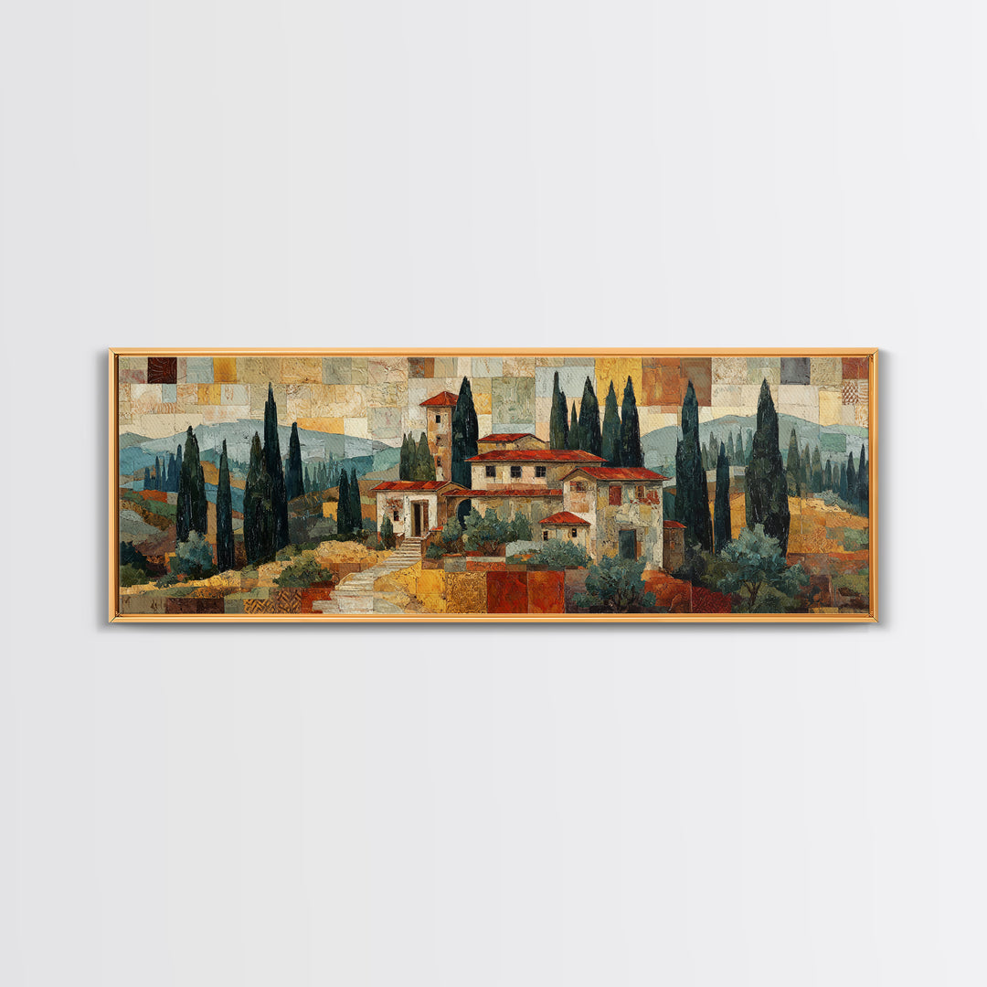 Tuscan Hillside with Cypress Trees and Golden Canvas Print, Italian Villa Art, Living Room Wall Art, Living Room Decor, Villa, IVA-3x1-41