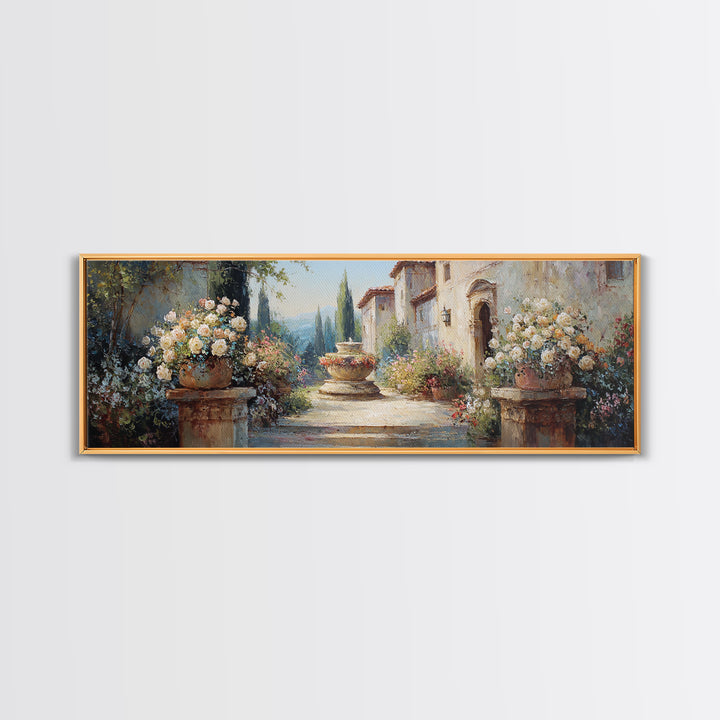 Italian Villa Garden Urn Canvas Print, Italian Villa Art, Framed Wall Art, Living Room Decor, Villa, Colorful Wall Art, IVA-3x1-46