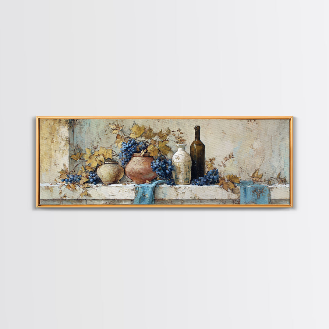 Grapevine and Wine Still Life on Linen Framed Canvas Print, Italian Villa Art, Room Decor, Living Room Decor, Fine Art, Villa, IVA-3x1-47