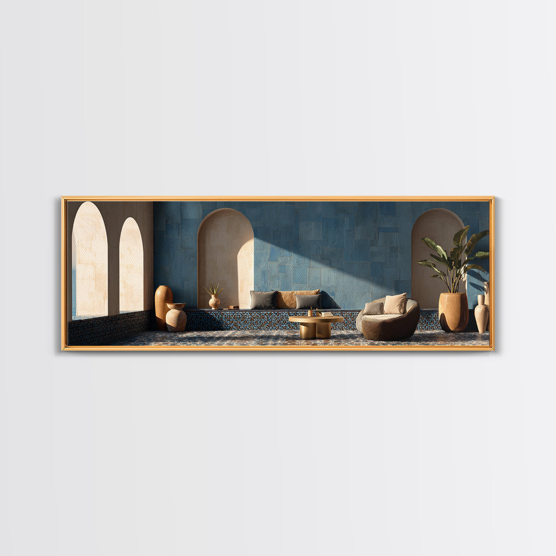 Mediterranean Arch Framing Blue Sea Canvas Print, Italian Villa Art, Statement Artwork, Living Room Decor, Fine Art, Villa, IVA-3x1-48