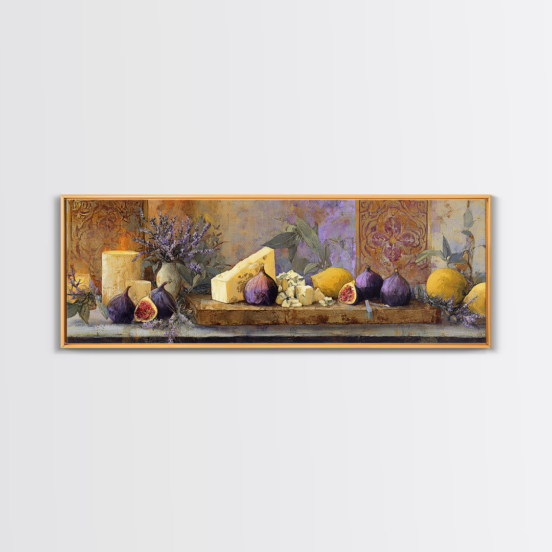 Figs and Cheese on Rustic Wooden Board Canvas Print, Italian Villa Art, Framed Wall Art, Living Room Decor, Abstract Art, Villa, IVA-3x1-49
