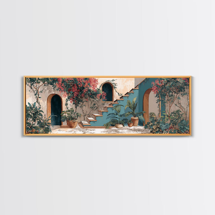 Sunlit Stone Stairway Framed Canvas Print, Italian Villa Art, Textured Painting, Living Room Decor, Villa, Bedroom Wall Art, IVA-3x1-51
