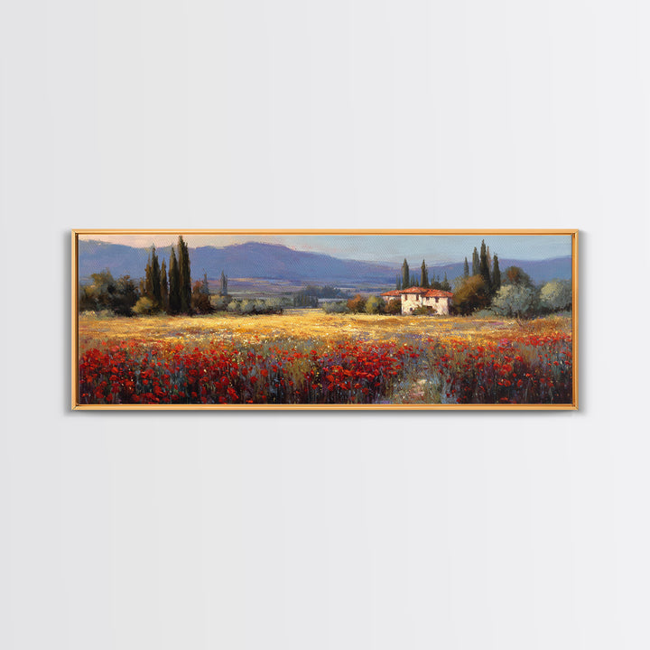 Tuscan Poppy Field Framed Canvas Print, Italian Villa Art, Boho Decor, Living Room Decor, Fine Art, Villa, Digital Wall Art, IVA-3x1-55