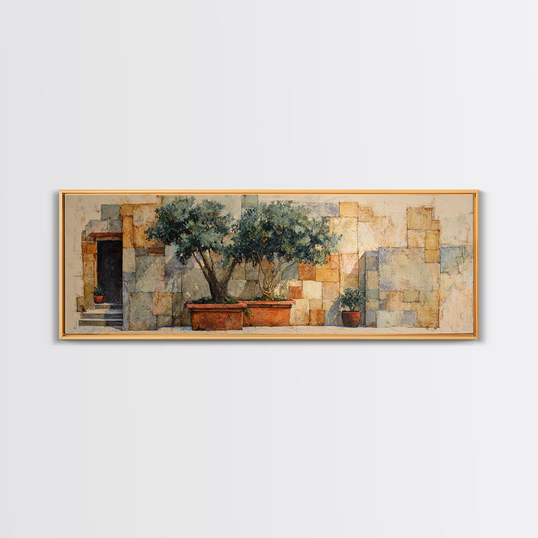 Orange Tree in a Courtyard Planter Canvas Print, Italian Villa Art, Coastal Decor, Living Room Decor, Fine Art, Villa, IVA-3x1-6