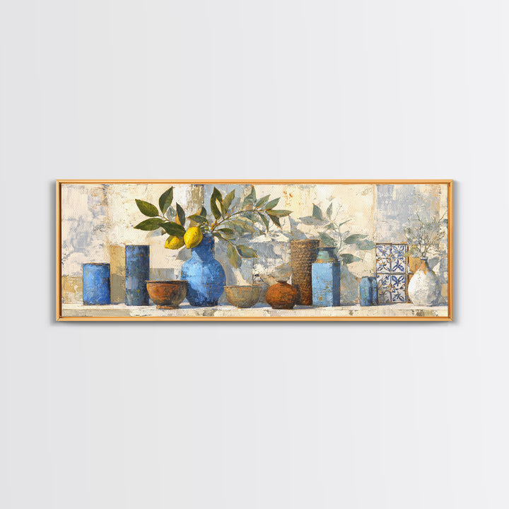 Lemon Branch in Blue Ceramic Vase Canvas Print, Italian Villa Art, Large Wall Art, Living Room Decor, Watercolor Art, Villa, IVA-3x1-66
