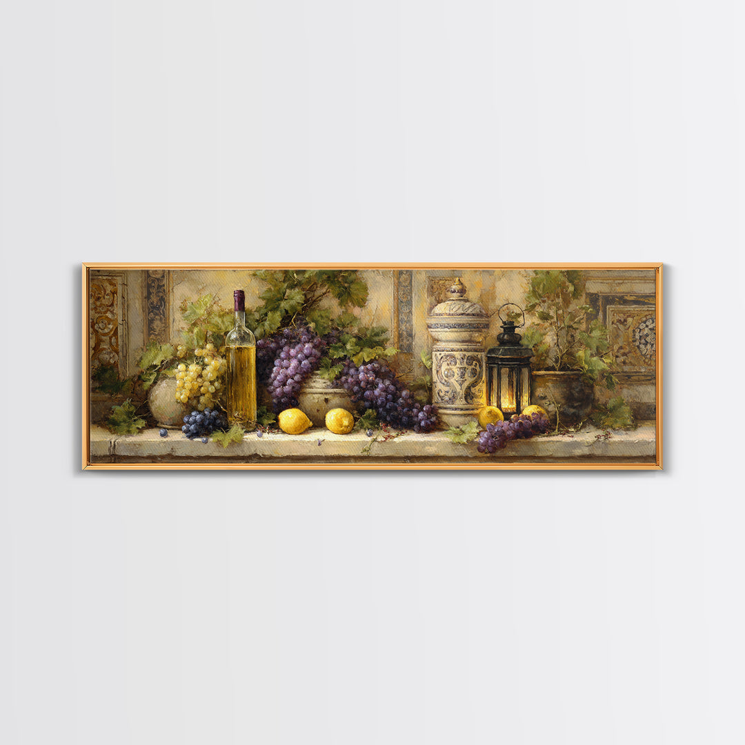 Grapevine and Wine Still Life on Linen Canvas Print, Italian Villa Art, Wall Art Prints, Living Room Decor, Fine Art, Villa, IVA-3x1-71