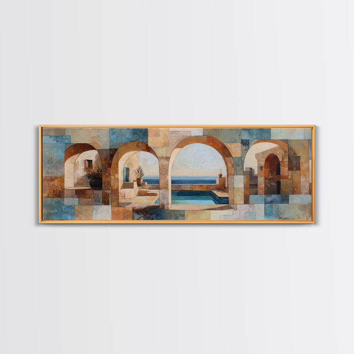 Mediterranean Arch Framing Blue Sea Framed Canvas Print, Italian Villa Art, Textured Painting, Living Room Decor, Villa, IVA-3x1-72