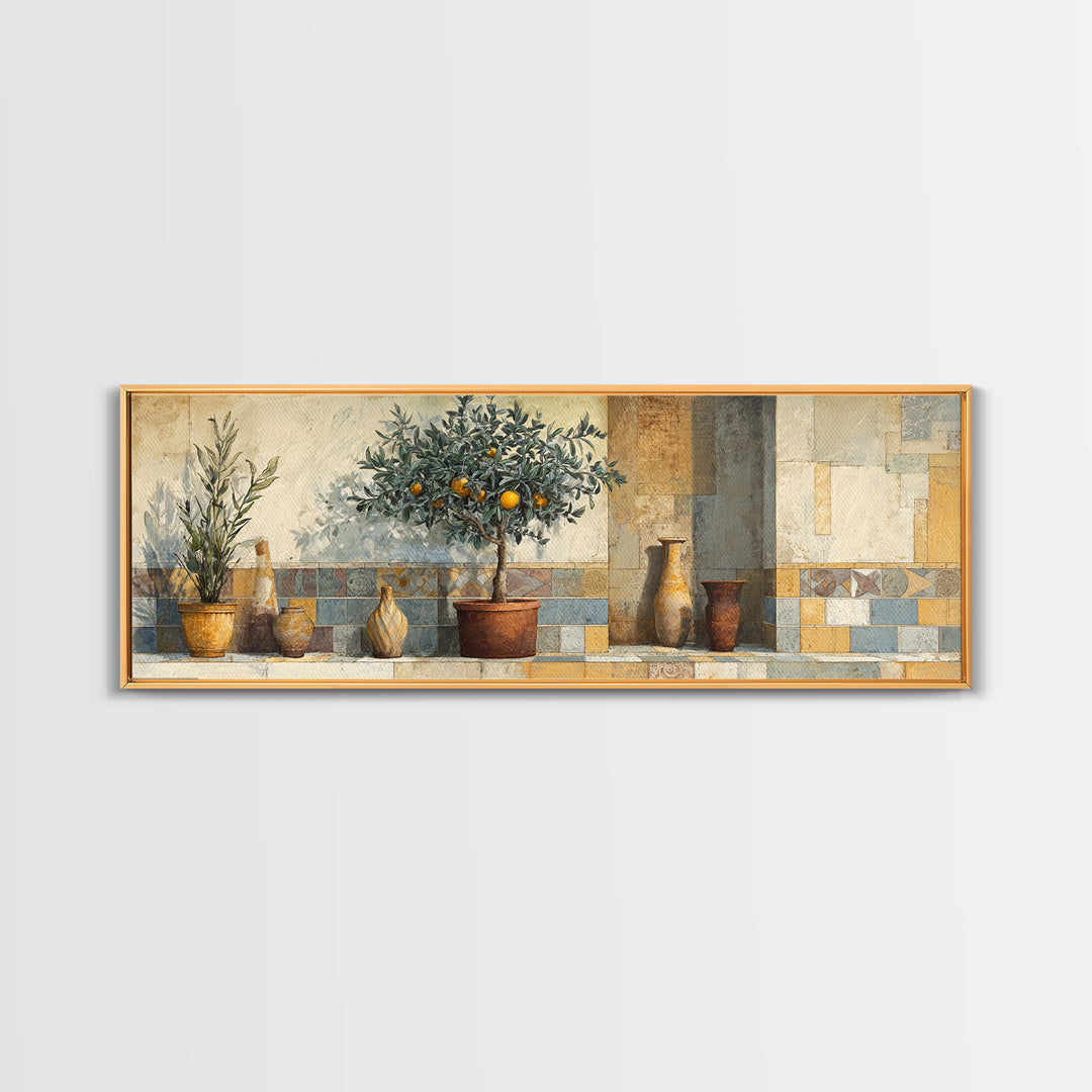 Orange Tree in a Courtyard Planter Canvas Print, Italian Villa Art, Statement Artwork, Living Room Decor, Fine Art, Villa, IVA-3x1-78