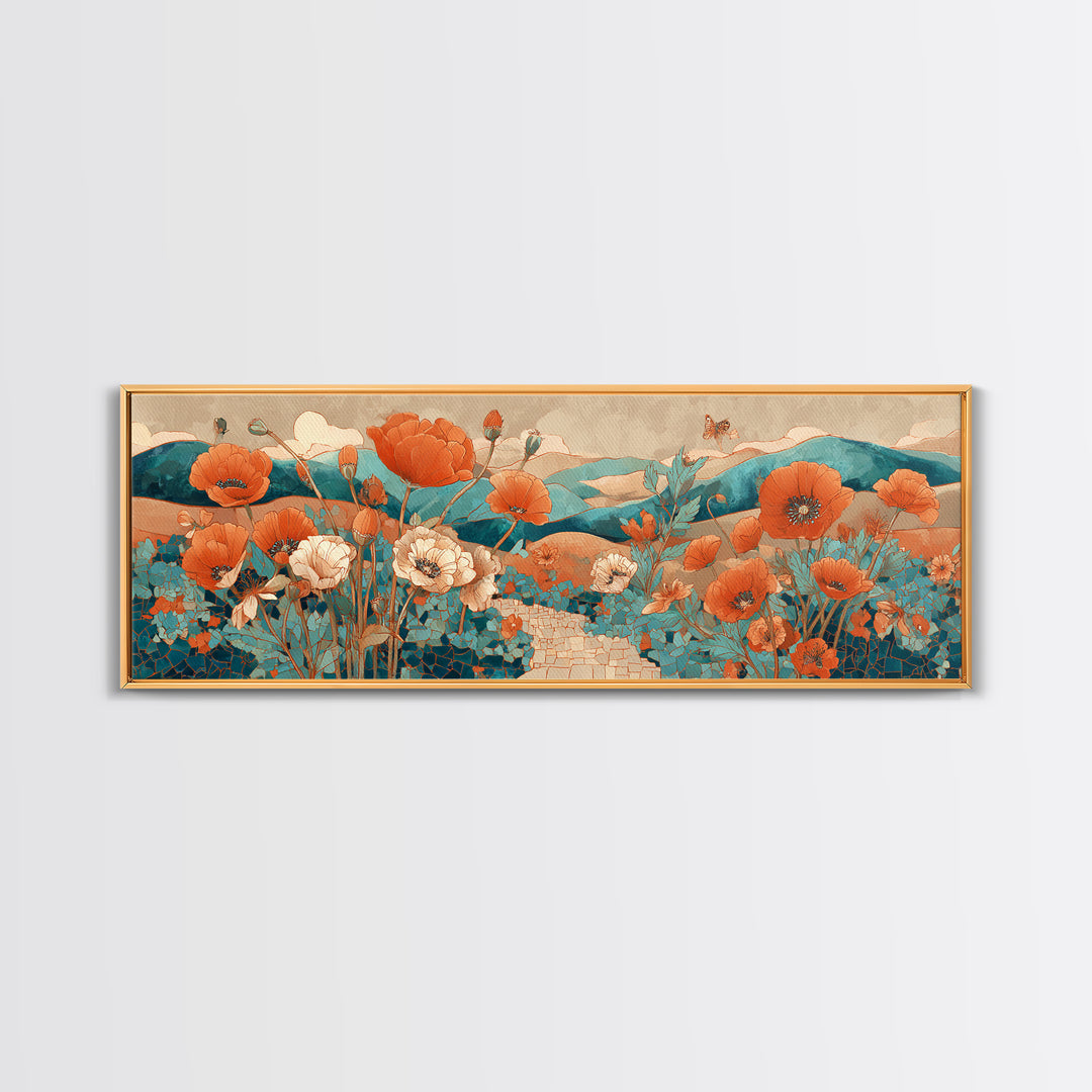 Tuscan Poppy Field Framed Canvas Print, Italian Villa Art, Oil Painting, Living Room Decor, Villa, Farmhouse Wall Art, IVA-3x1-79