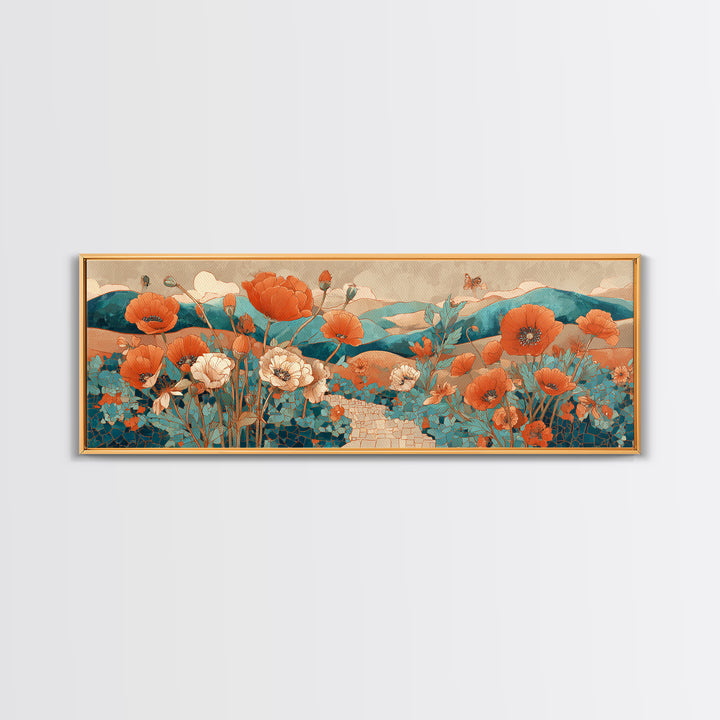 Tuscan Poppy Field Framed Canvas Print, Italian Villa Art, Oil Painting, Living Room Decor, Villa, Farmhouse Wall Art, IVA-3x1-79