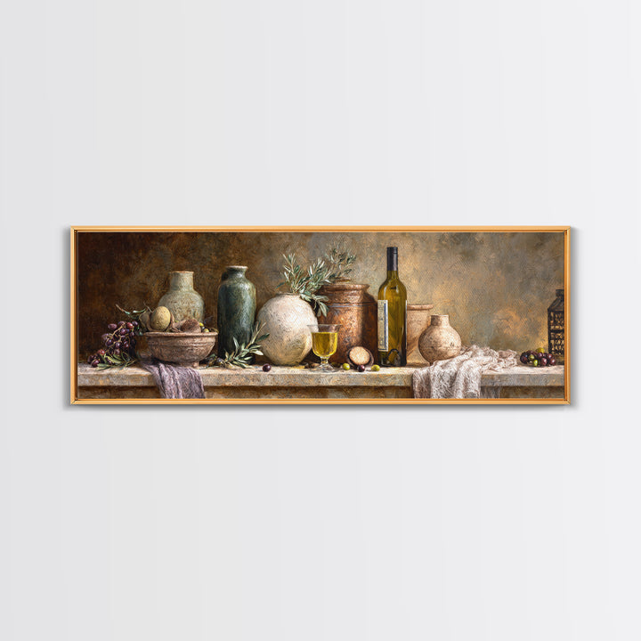 White Wine and Olives Still Life Canvas Print, Italian Villa Art, Living Room Art, Living Room Decor, Fine Art, Villa, IVA-3x1-8