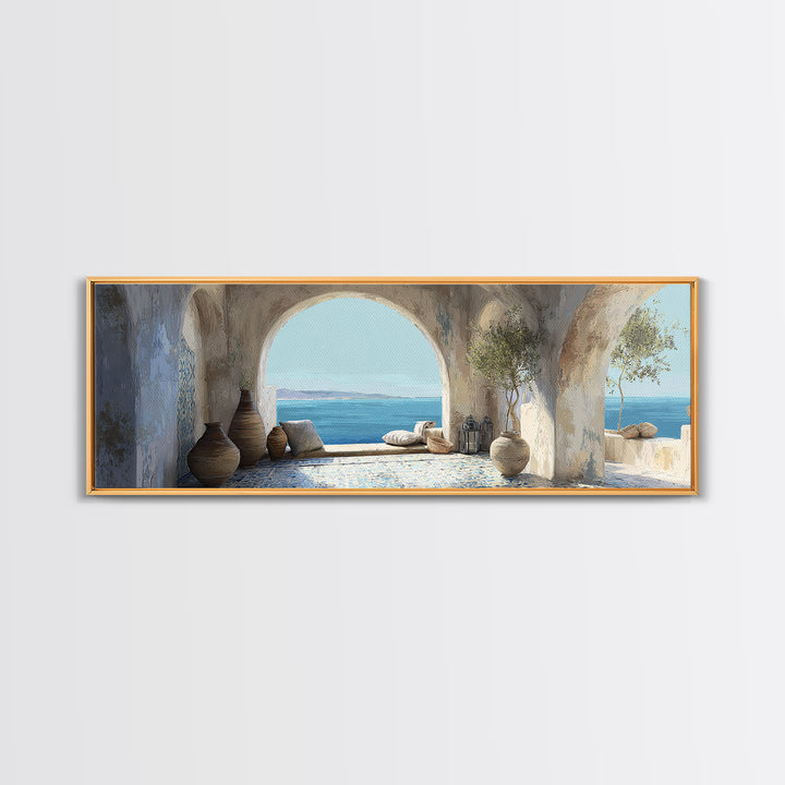 Mediterranean Arch Framing Blue Sea Canvas Print, Italian Villa Art, Gallery Wall, Living Room Decor, Fine Art, Villa, IVA-3x1-96
