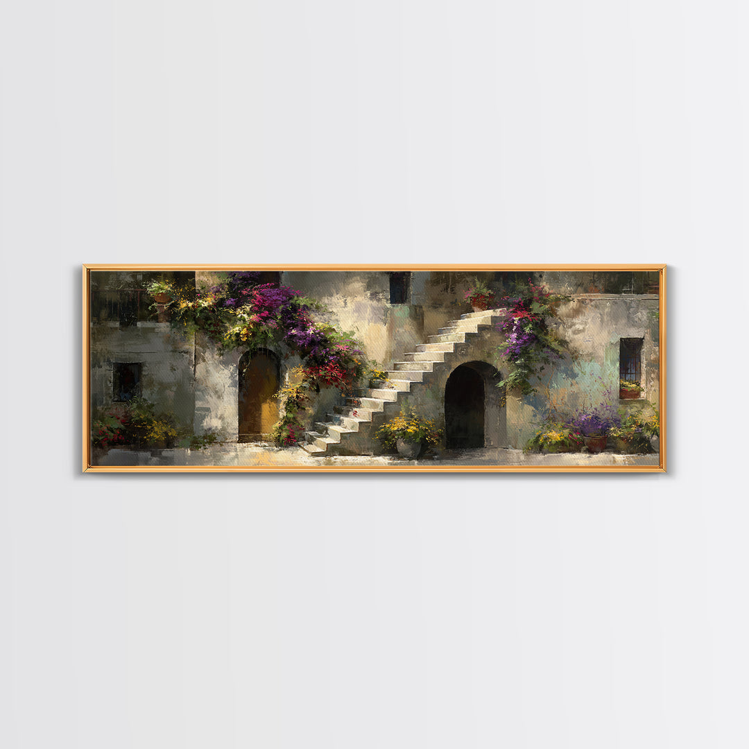 Sunlit Stone Stairway Framed Canvas Print, Italian Villa Art, Gallery Wall Set, Living Room Decor, Villa, Modern Decor, IVA-3x1-99