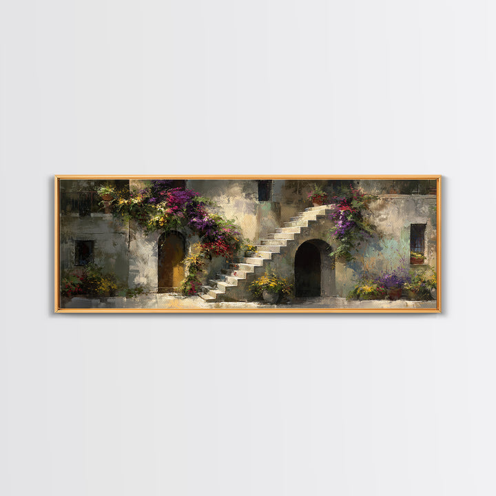 Sunlit Stone Stairway Framed Canvas Print, Italian Villa Art, Gallery Wall Set, Living Room Decor, Villa, Modern Decor, IVA-3x1-99