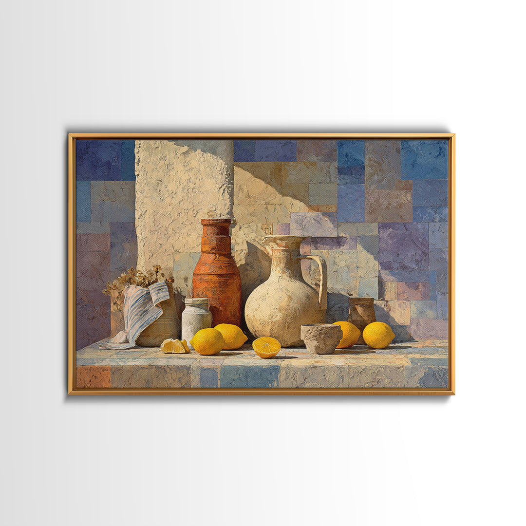 Coastal Lemons and Striped Cloth Arrangement Canvas Print, Italian Villa Art, Landscape Painting, Living Room Decor, Villa, IVA-3x2-100