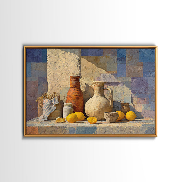 Coastal Lemons and Striped Cloth Arrangement Canvas Print, Italian Villa Art, Landscape Painting, Living Room Decor, Villa, IVA-3x2-100