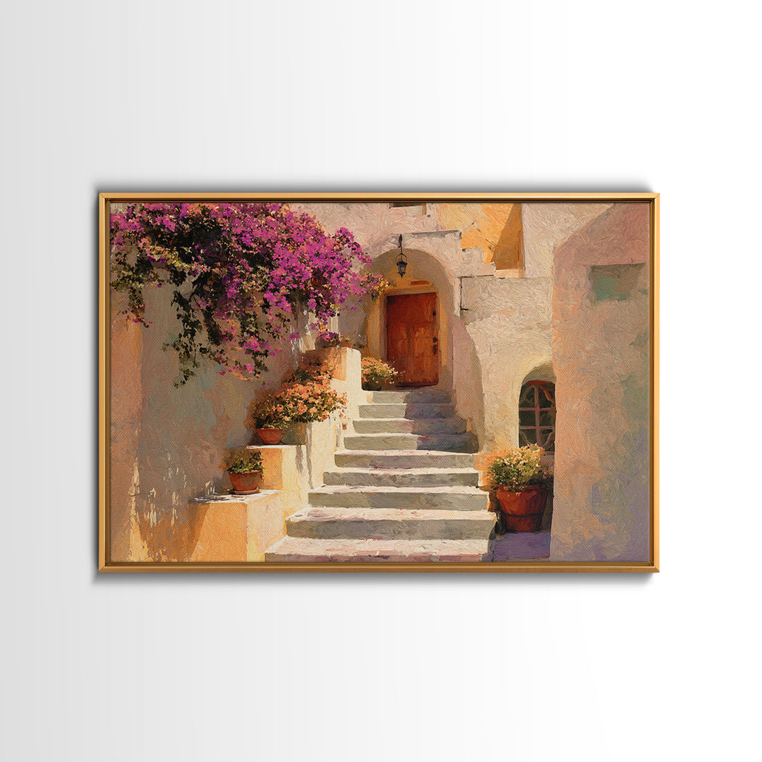 Sunlit Stone Stairway Framed Canvas Print, Italian Villa Art, Neutral Decor, Living Room Decor, Fine Art, Villa, IVA-3x2-15