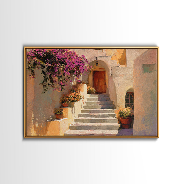Sunlit Stone Stairway Framed Canvas Print, Italian Villa Art, Neutral Decor, Living Room Decor, Fine Art, Villa, IVA-3x2-15