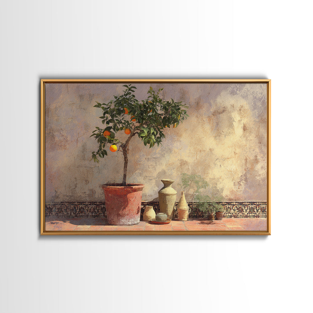 Orange Tree in a Courtyard Planter Framed Canvas Print, Italian Villa Art, Textured Painting, Living Room Decor, Villa, IVA-3x2-18