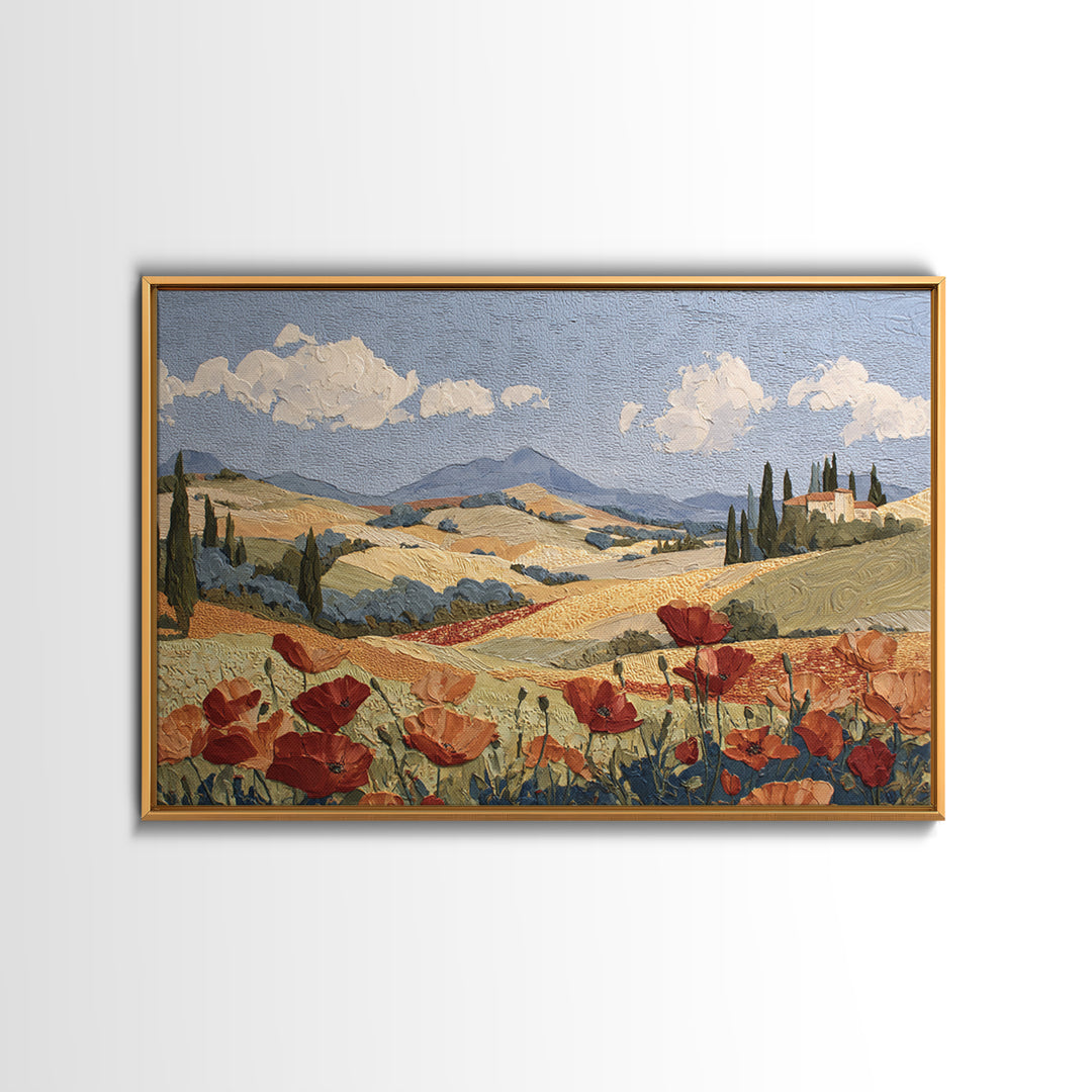 Tuscan Poppy Field Framed Canvas Print, Italian Villa Art, Printable Wall Art, Living Room Decor, Villa, Coastal Wall Art, IVA-3x2-19