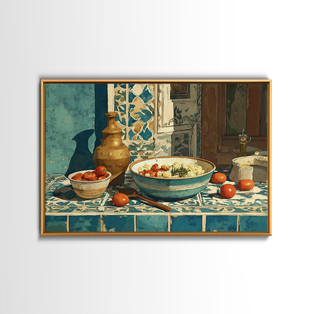 Pasta Herbs and Tomatoes Still Life Framed Canvas Print, Italian Villa Art, Room Decor, Living Room Decor, Fine Art, Villa, IVA-3x2-23