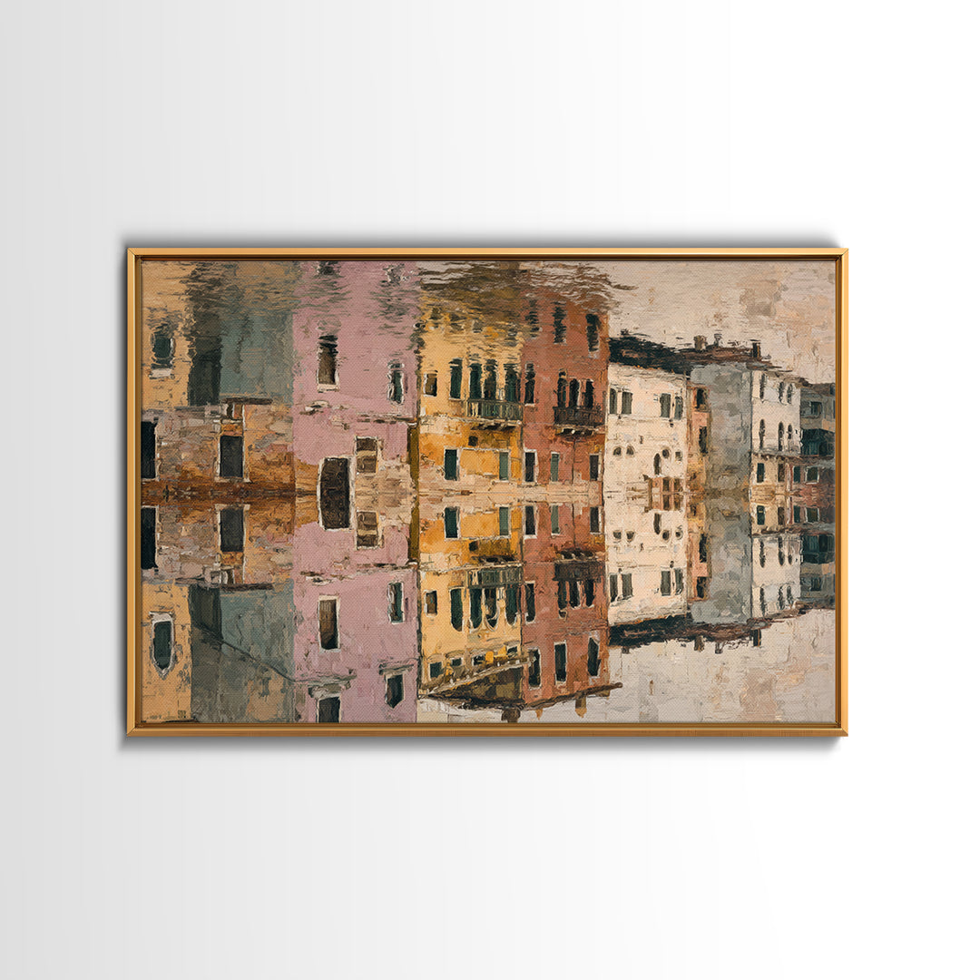 Venetian Canal Reflection Without City Crowd Canvas Print, Italian Villa Art, Textured Painting, Living Room Decor, Villa, IVA-3x2-24