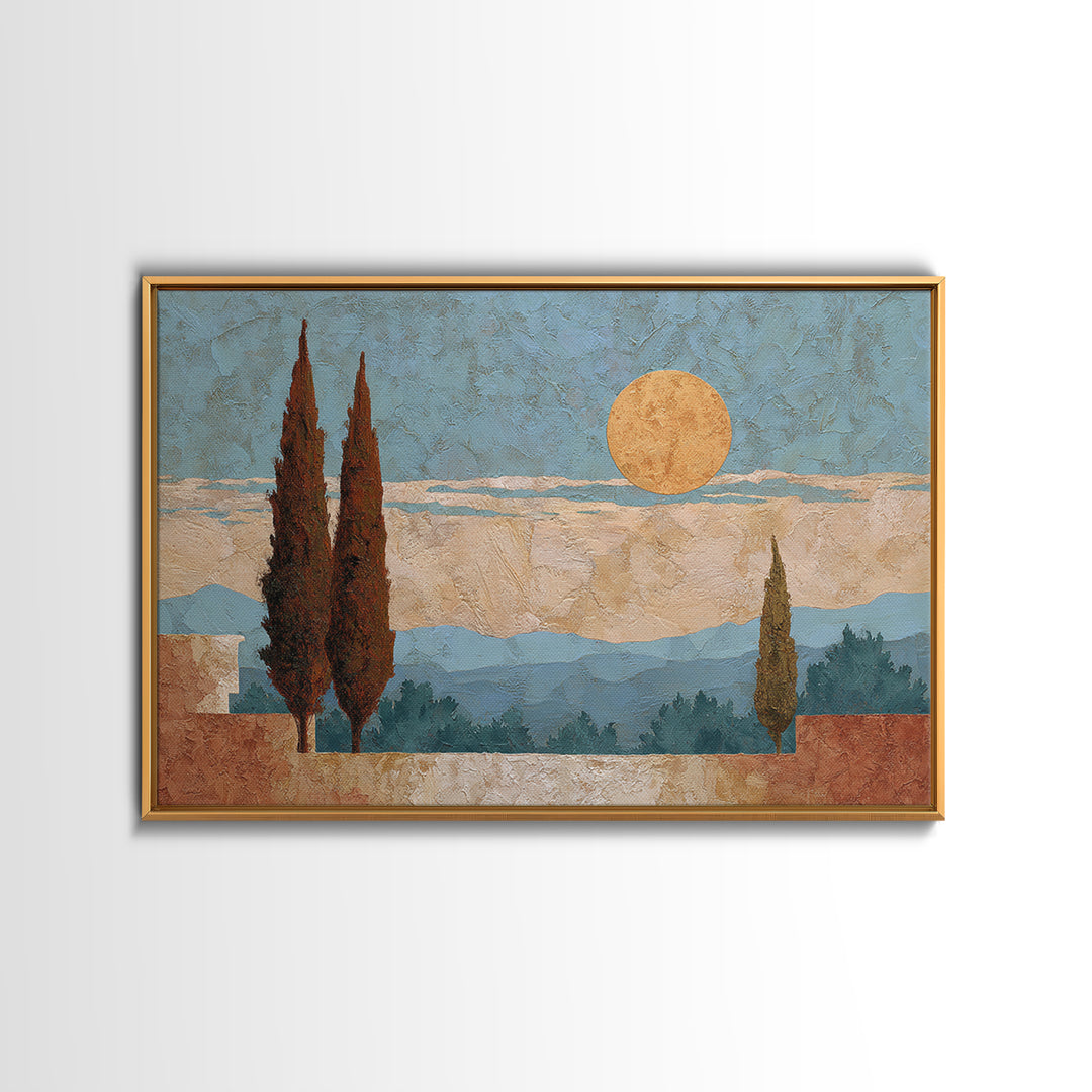 Cypress Silhouette at Sunset Framed Canvas Print, Italian Villa Art, Oil Painting, Living Room Decor, Abstract Art, Villa, IVA-3x2-25