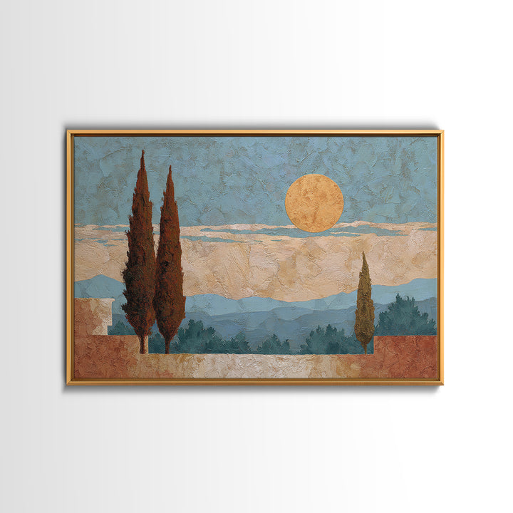 Cypress Silhouette at Sunset Framed Canvas Print, Italian Villa Art, Oil Painting, Living Room Decor, Abstract Art, Villa, IVA-3x2-25