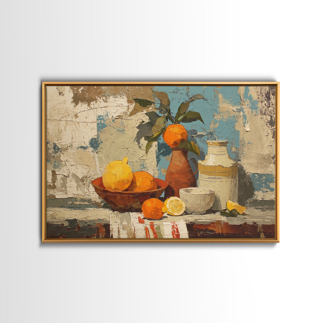 Coastal Lemons and Striped Cloth Arrangement Framed Canvas Print, Italian Villa Art, Boho Decor, Living Room Decor, Villa, IVA-3x2-28