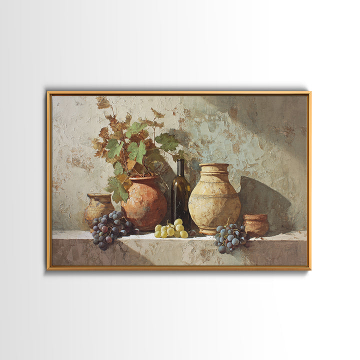 Grapevine and Wine Still Life on Linen Framed Canvas Print, Italian Villa Art, Digital Wall Art, Living Room Decor, IVA-3x2-35