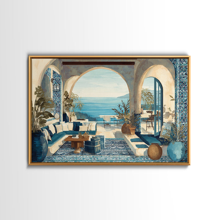 Mediterranean Arch Framing Blue Sea Framed Canvas Print, Italian Villa Art, Contemporary Art, Living Room Decor, Villa, IVA-3x2-36