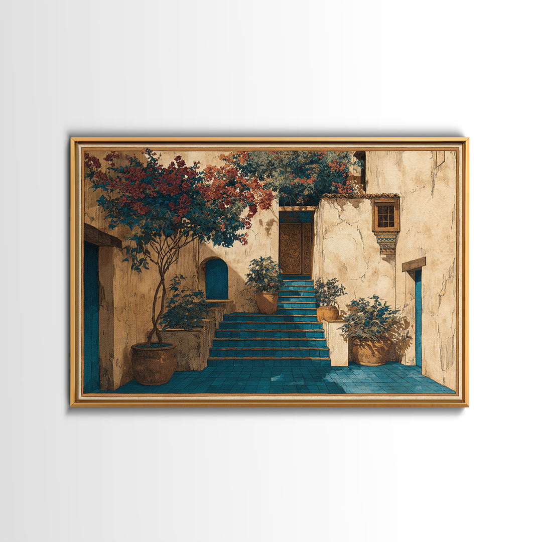 Sunlit Stone Stairway Framed Canvas Print, Italian Villa Art, Bedroom Wall Art, Living Room Decor, Villa, Travel Poster, IVA-3x2-39