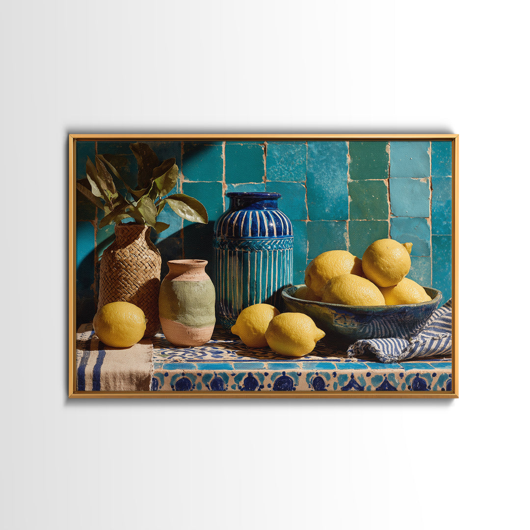 Coastal Lemons and Striped Cloth Arrangement Canvas Print, Italian Villa Art, Gallery Decor, Living Room Decor, Oil Painting, IVA-3x2-4