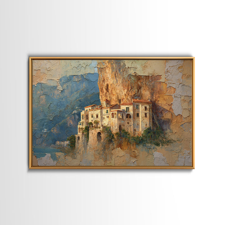 Amalfi Coast Cliffs Framed Canvas Print, Italian Villa Art, Printable Art, Living Room Decor, Watercolor Art, Villa, IVA-3x2-41
