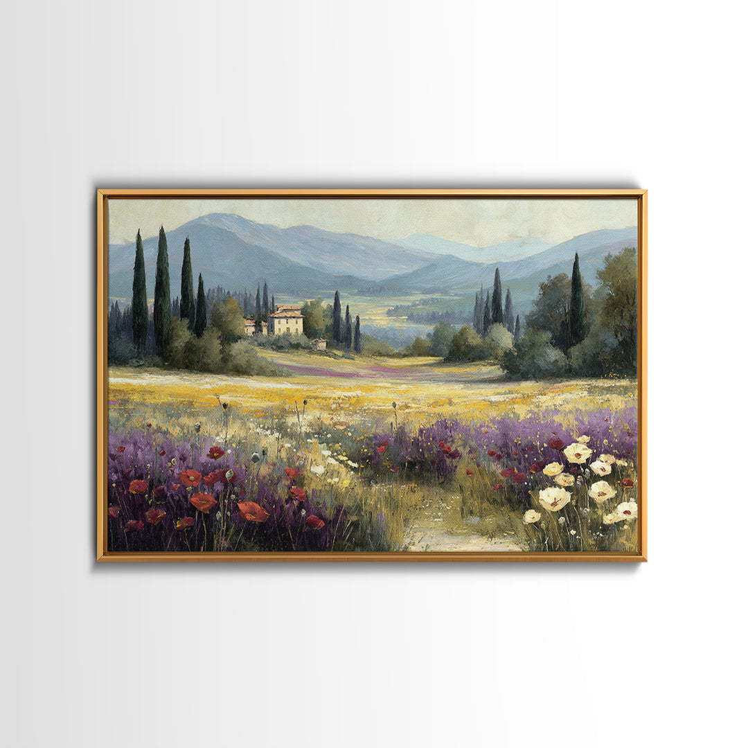 Tuscan Poppy Field Canvas Print, Italian Villa Art, Framed Wall Art, Living Room Decor, Abstract Art, Villa, Colorful Wall Art, IVA-3x2-43