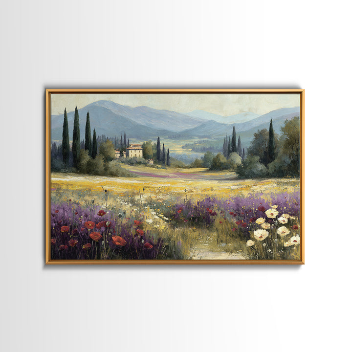 Tuscan Poppy Field Canvas Print, Italian Villa Art, Framed Wall Art, Living Room Decor, Abstract Art, Villa, Colorful Wall Art, IVA-3x2-43