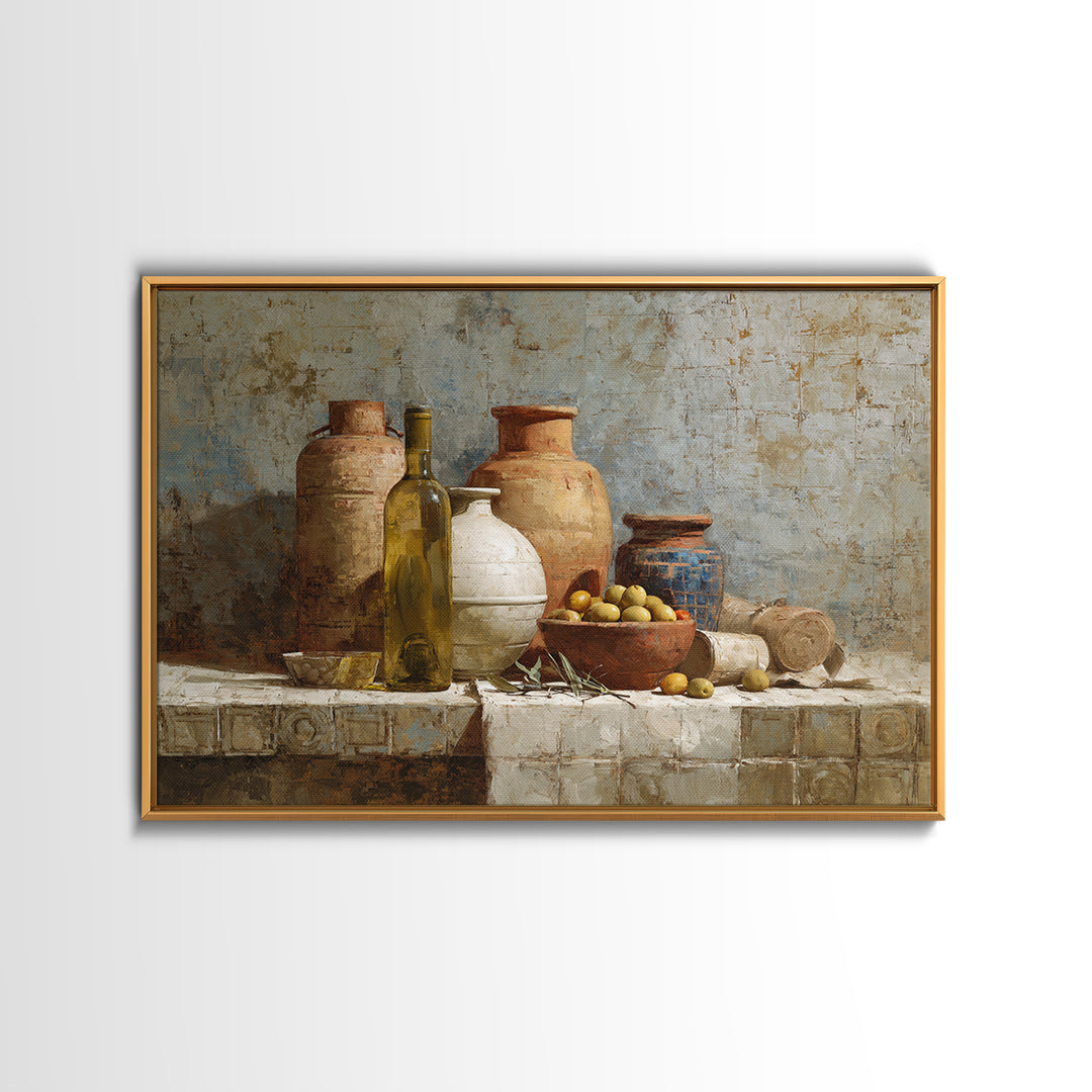 White Wine and Olives Still Life Canvas Print, Italian Villa Art, Wall Art Prints, Living Room Decor, Watercolor Art, Villa, IVA-3x2-44