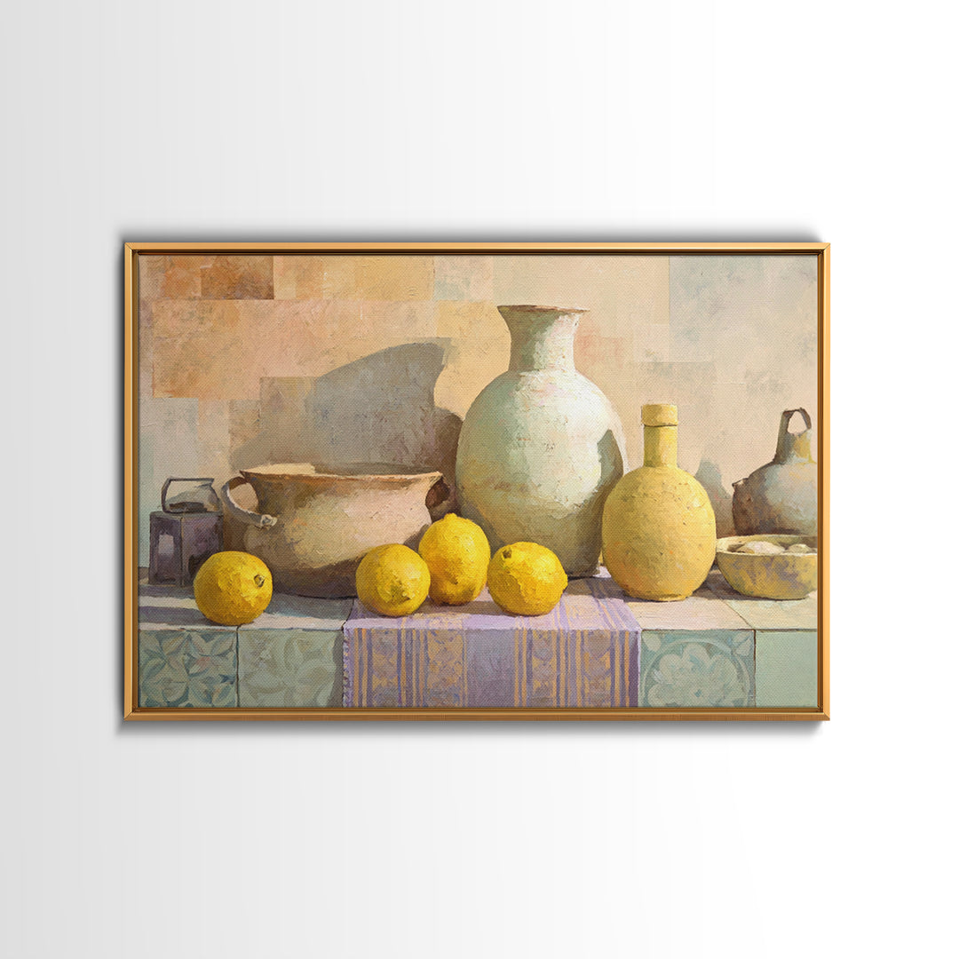 Coastal Lemons and Striped Cloth Arrangement Canvas Print, Italian Villa Art, Living Room Decor, Abstract Art, Villa, IVA-3x2-52