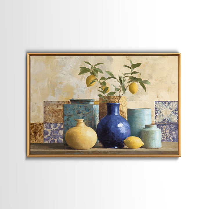 Lemon Branch in Blue Ceramic Vase Framed Canvas Print, Italian Villa Art, Contemporary Art, Living Room Decor, Fine Art, Villa, IVA-3x2-6