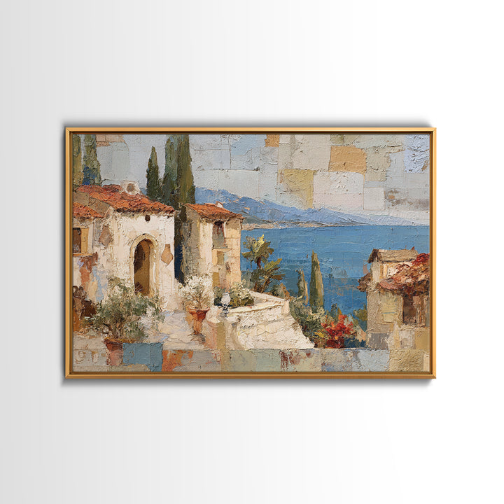 Mediterranean Arch Framing Blue Sea Framed Canvas Print, Italian Villa Art, Bedroom Wall Art, Living Room Decor, Villa, IVA-3x2-60