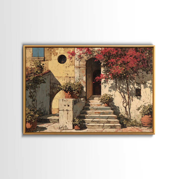 Sunlit Stone Stairway Framed Canvas Print, Italian Villa Art, Neutral Decor, Living Room Decor, Fine Art, Villa, IVA-3x2-63