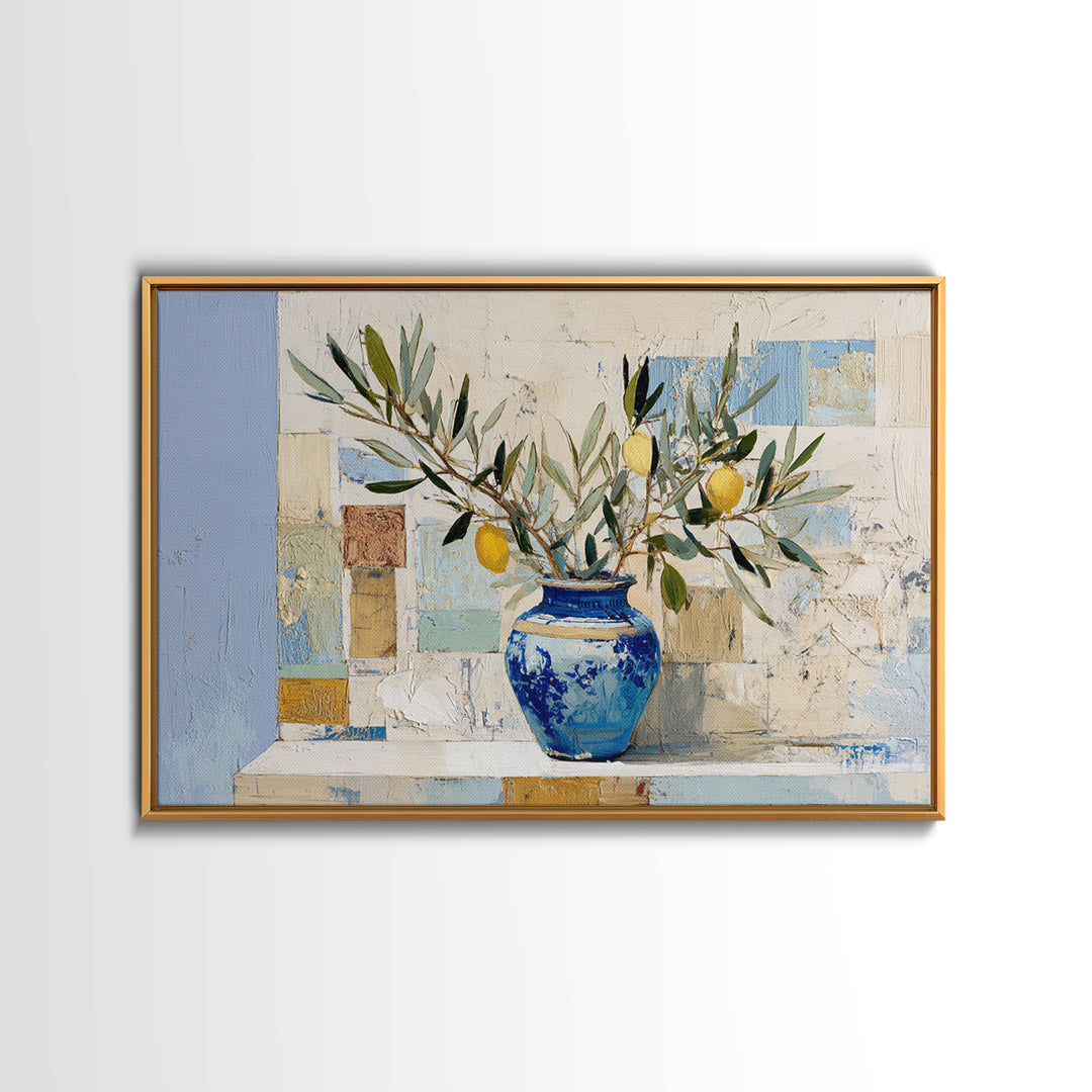 Lemon Branch in Blue Ceramic Vase Framed Canvas Print, Italian Villa Art, Bedroom Wall Art, Living Room Decor, Watercolor Art, IVA-3x2-78