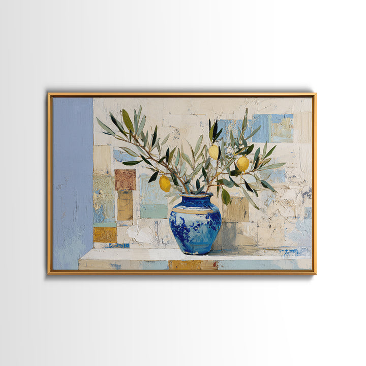 Lemon Branch in Blue Ceramic Vase Framed Canvas Print, Italian Villa Art, Bedroom Wall Art, Living Room Decor, Watercolor Art, IVA-3x2-78