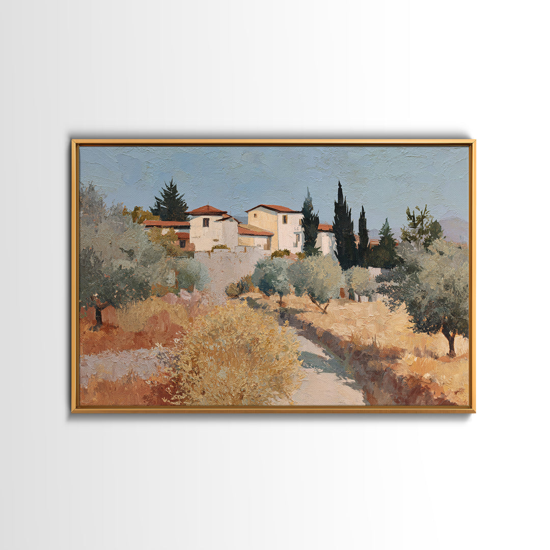 Olive Grove Path Framed Canvas Print, Italian Villa Art, Oil Painting, Living Room Decor, Watercolor Art, Villa, IVA-3x2-79